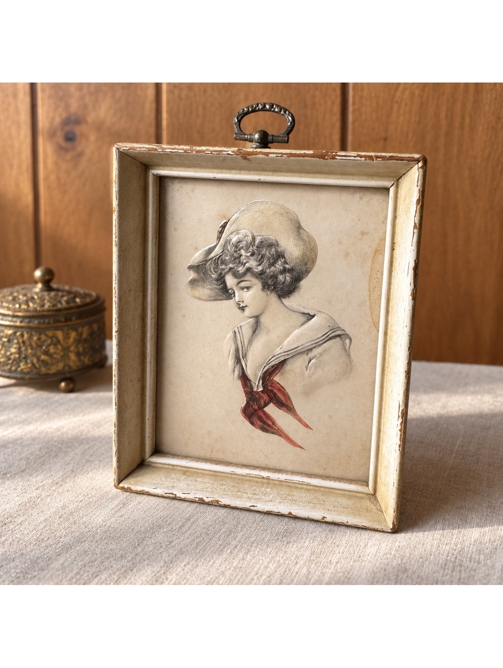 Antique 3D Gibson Girl Portrait Framed Edwardian Lady Art Ornate Ring Hanger